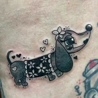 Tattoo-Entwurf von Tschiggy mit einem Dackel und einem Hund im Bubblegum-Art-Stil