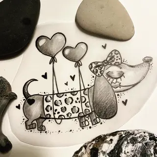 Tattoo-Entwurf von Tschiggy mit einem Dackel und einem Hund im Bubblegum-Art-Stil