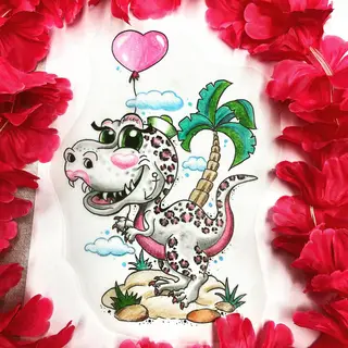 Tattoo-Entwurf von Tschiggy mit einem Dinosaurier im Bubblegum-Art-Stil
