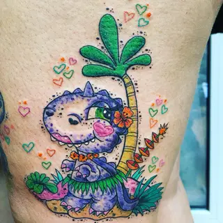 Tattoo-Entwurf von Tschiggy mit einem Dinosaurier im Bubblegum-Art-Stil