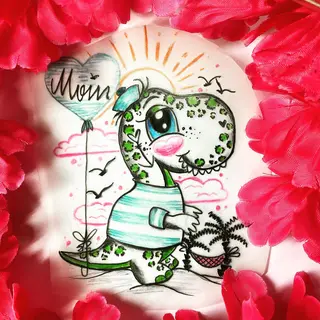 Tattoo-Entwurf von Tschiggy mit einem Dinosaurier im Bubblegum-Art-Stil