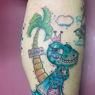 Tattoo-Entwurf von Tschiggy mit einem Dinosaurier im Bubblegum-Art-Stil