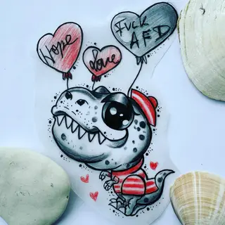 Tattoo-Entwurf von Tschiggy mit einem Dinosaurier im Bubblegum-Art-Stil
