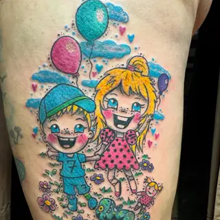 Tattoo-Entwurf von Tschiggy mit einem Dinosaurier im Bubblegum-Art-Stil