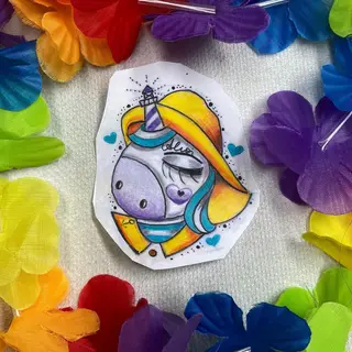 Tattoo-Entwurf von Tschiggy mit einem Einhorn im Bubblegum-Art-Stil