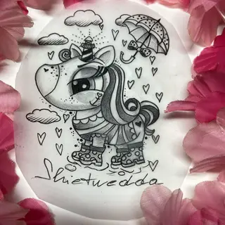 Tattoo-Entwurf von Tschiggy mit einem Einhorn im Bubblegum-Art-Stil