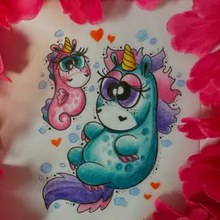 Tattoo-Entwurf von Tschiggy mit einem Einhorn im Bubblegum-Art-Stil