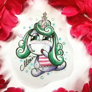 Tattoo-Entwurf von Tschiggy mit einem Einhorn im Bubblegum-Art-Stil