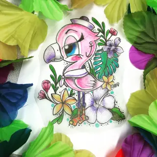 Tattoo-Entwurf von Tschiggy mit einem Flamingo im Bubblegum-Art-Stil