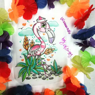 Tattoo-Entwurf von Tschiggy mit einem Flamingo im Bubblegum-Art-Stil
