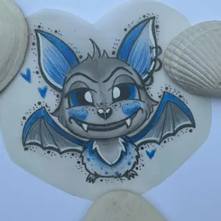 Tattoo-Entwurf von Tschiggy mit einer Fledermaus im Bubblegum-Art-Stil