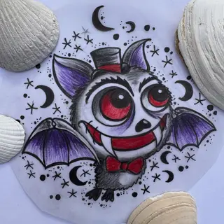 Tattoo-Entwurf von Tschiggy mit einer Fledermaus im Bubblegum-Art-Stil