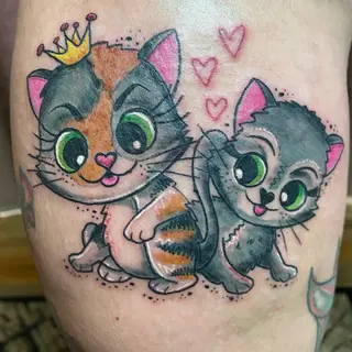 Tattoo-Entwurf von Tschiggy mit einer Katze im Bubblegum-Art-Stil