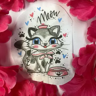 Tattoo-Entwurf von Tschiggy mit einer Katze im Bubblegum-Art-Stil