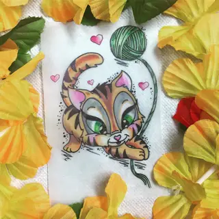Tattoo-Entwurf von Tschiggy mit einer Katze im Bubblegum-Art-Stil