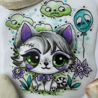 Tattoo-Entwurf von Tschiggy mit einer Katze im Bubblegum-Art-Stil