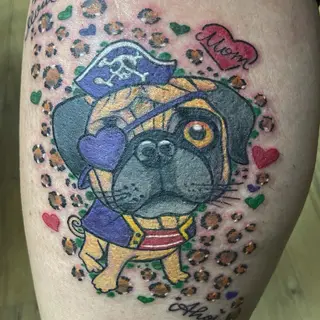 Tattoo-Entwurf von Tschiggy mit einem Mops im Bubblegum-Art-Stil