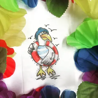 Tattoo-Entwurf von Tschiggy mit einer Möwe im Bubblegum-Art-Stil