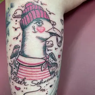 Tattoo-Entwurf von Tschiggy mit einer Möwe im Bubblegum-Art-Stil