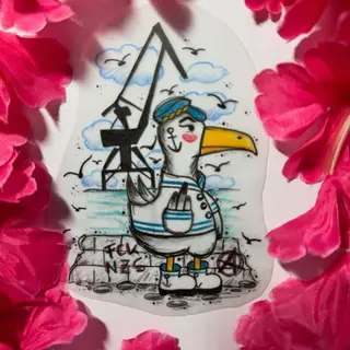 Tattoo-Entwurf von Tschiggy mit einer Möwe im Bubblegum-Art-Stil