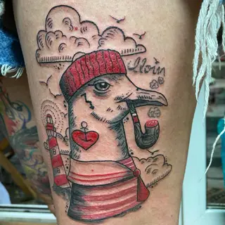 Tattoo von Tschiggy mit einer Möwe und einem Leuchtturm im Bubblegum-Art-Stil