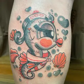 Tattoo von Tschiggy mit einem Seepferdchen im Bubblegum-Art-Stil