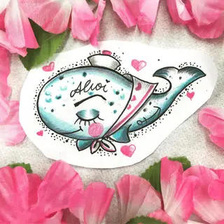 Tattoo-Entwurf von Tschiggy mit einem Wal im Bubblegum-Art-Stil